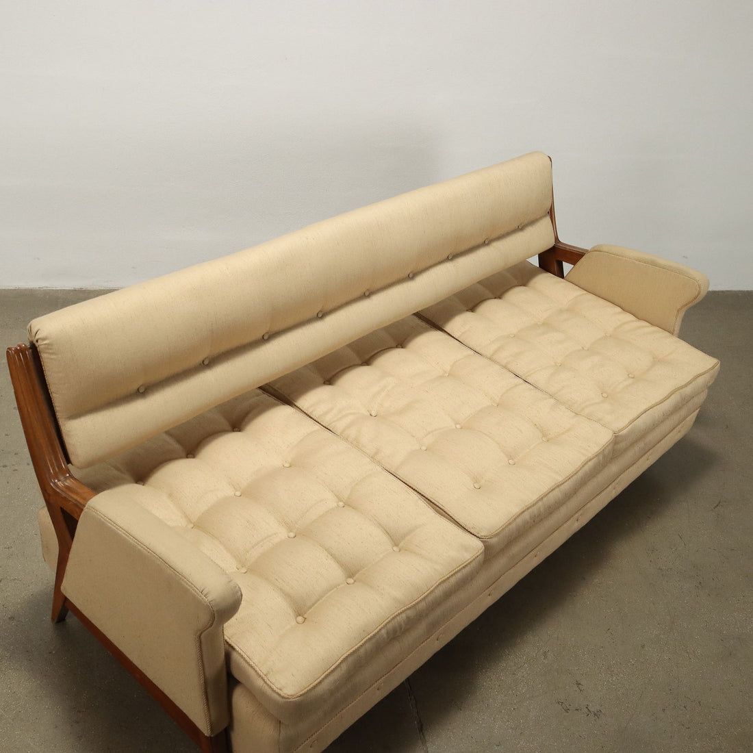 Vintage 3 Seater Sofa Wood Beige Cloth Italy 1950s-1960s | Modernism  Sofas