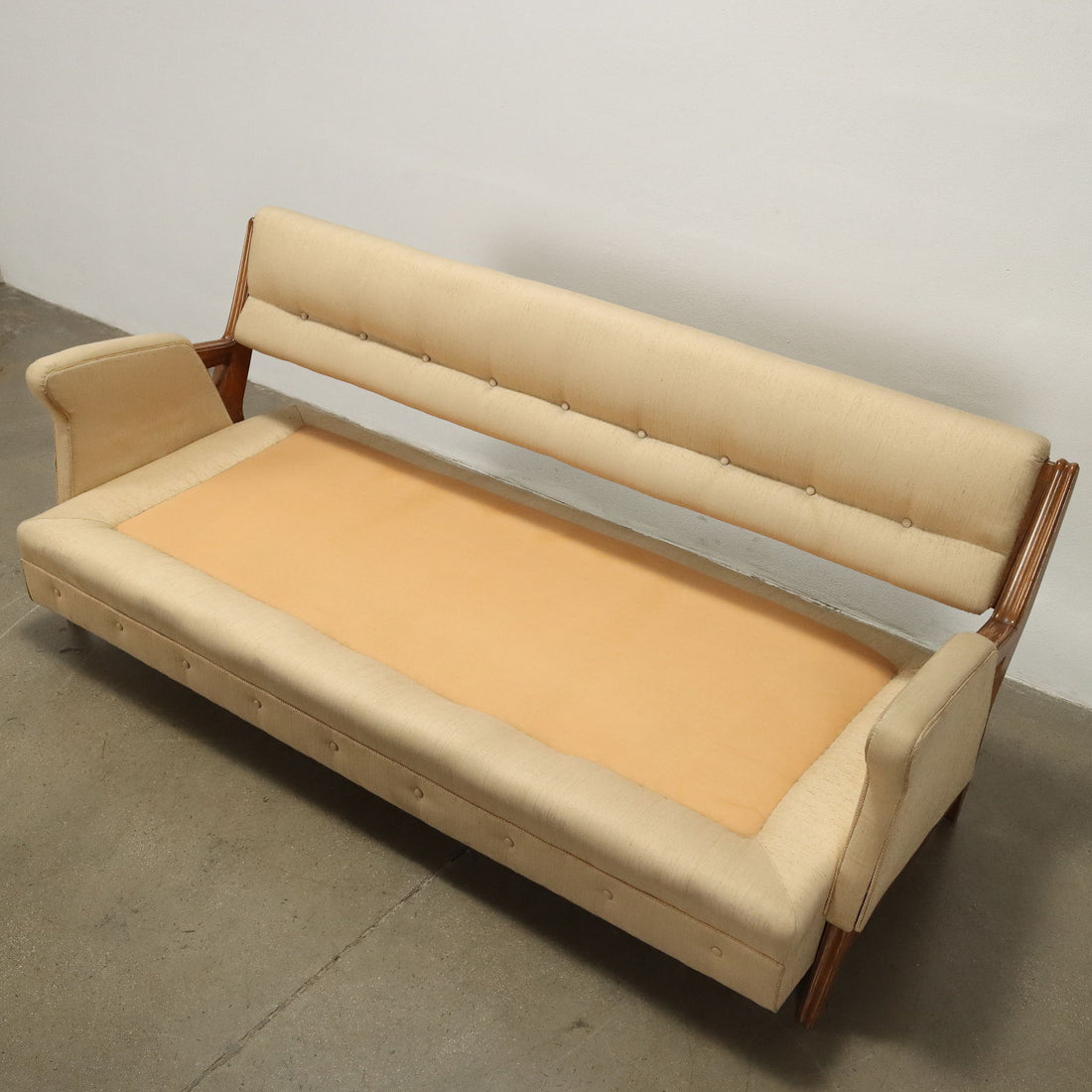 Vintage 3 Seater Sofa Wood Beige Cloth Italy 1950s-1960s | Modernism  Sofas