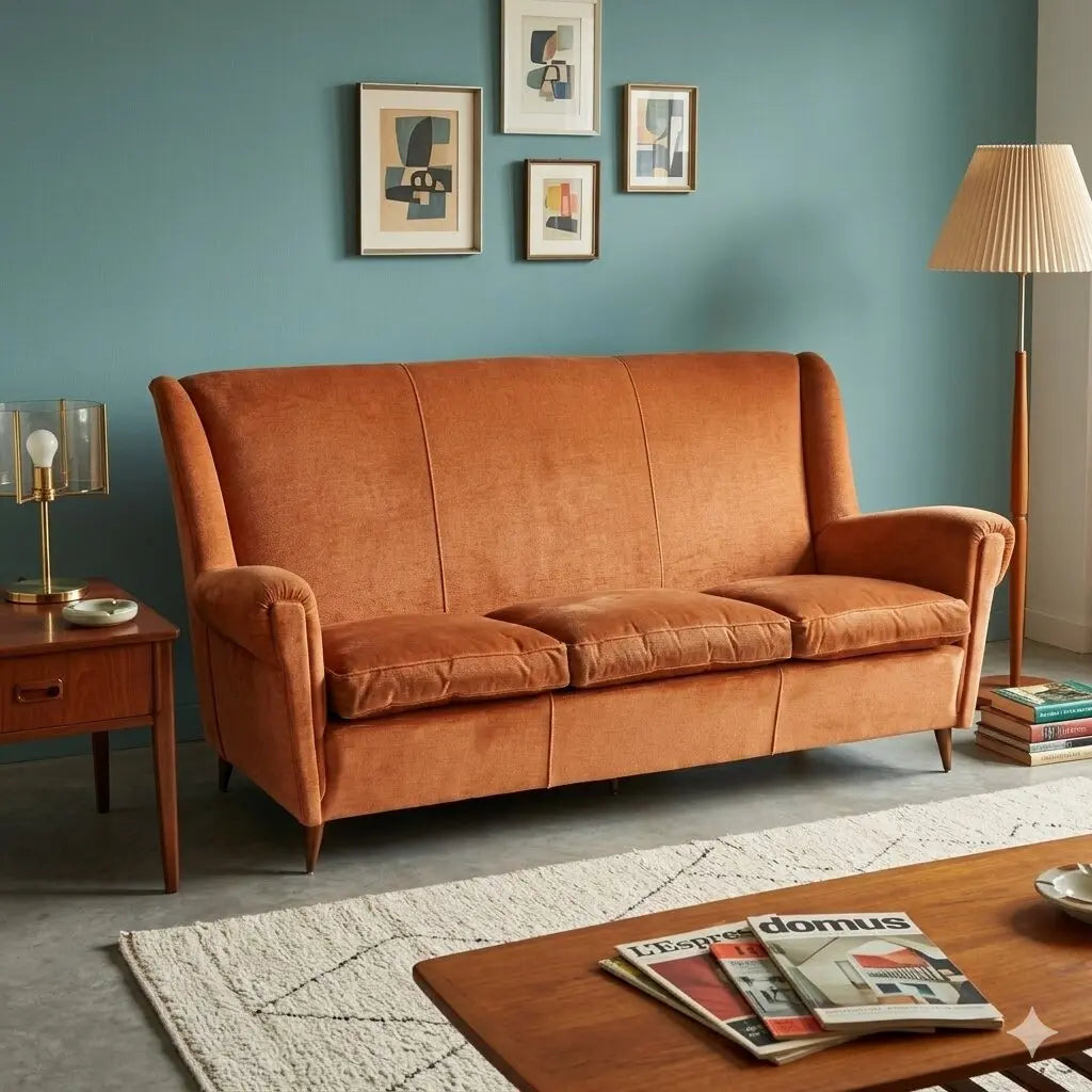 Vintage 1950s Sofa 3 Seater Red Velvet Italy To be Restored | Modernism | Sofas
