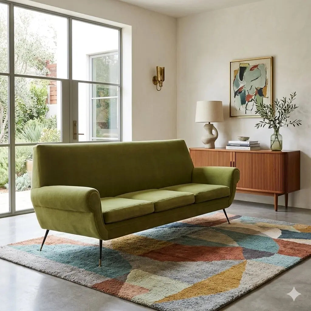 Vintage Sofa Fabric Brass 3 Seater Design Italy 1950s-1960s - 50s-60s | Modernism | Sofas