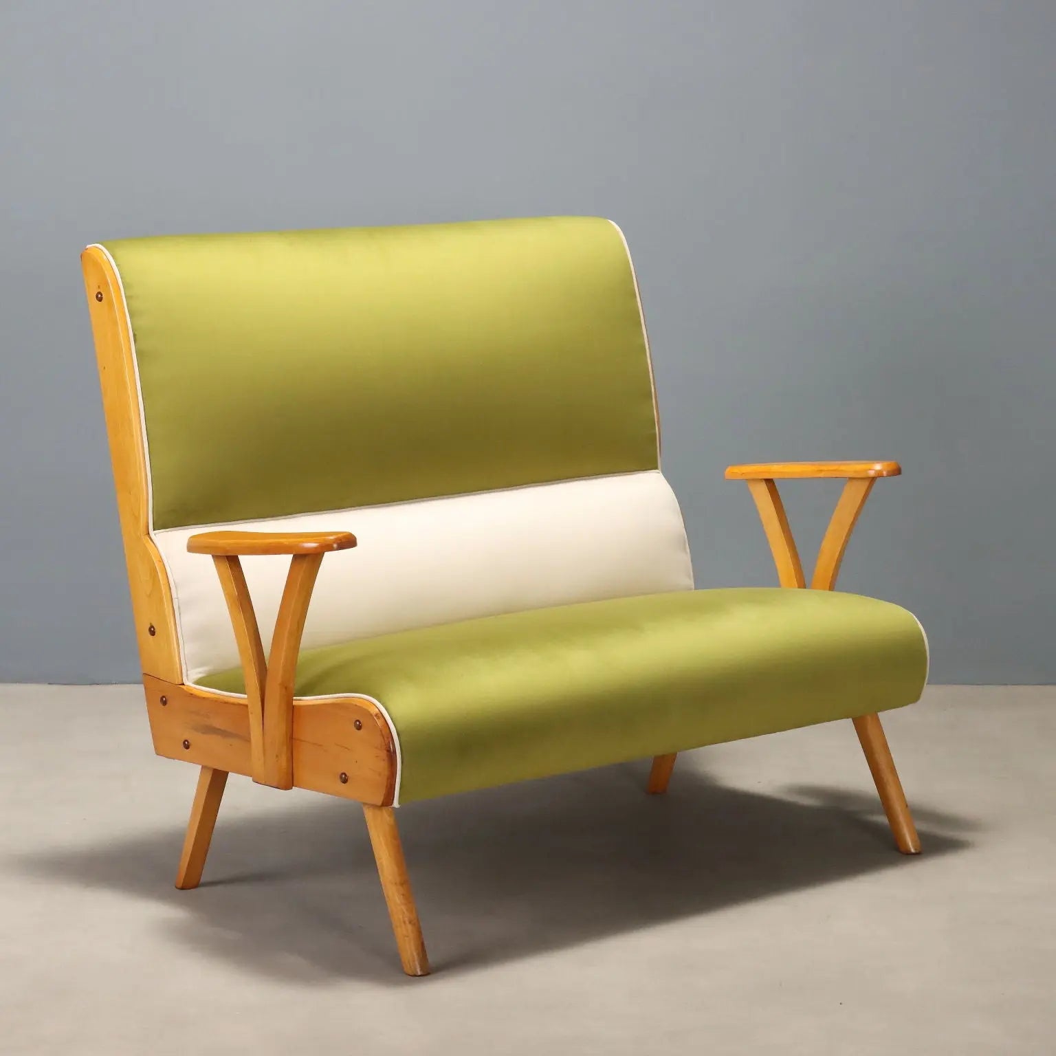Vintage Sofa Two-Tone Velvet Beech Wood Design Italy 1950s