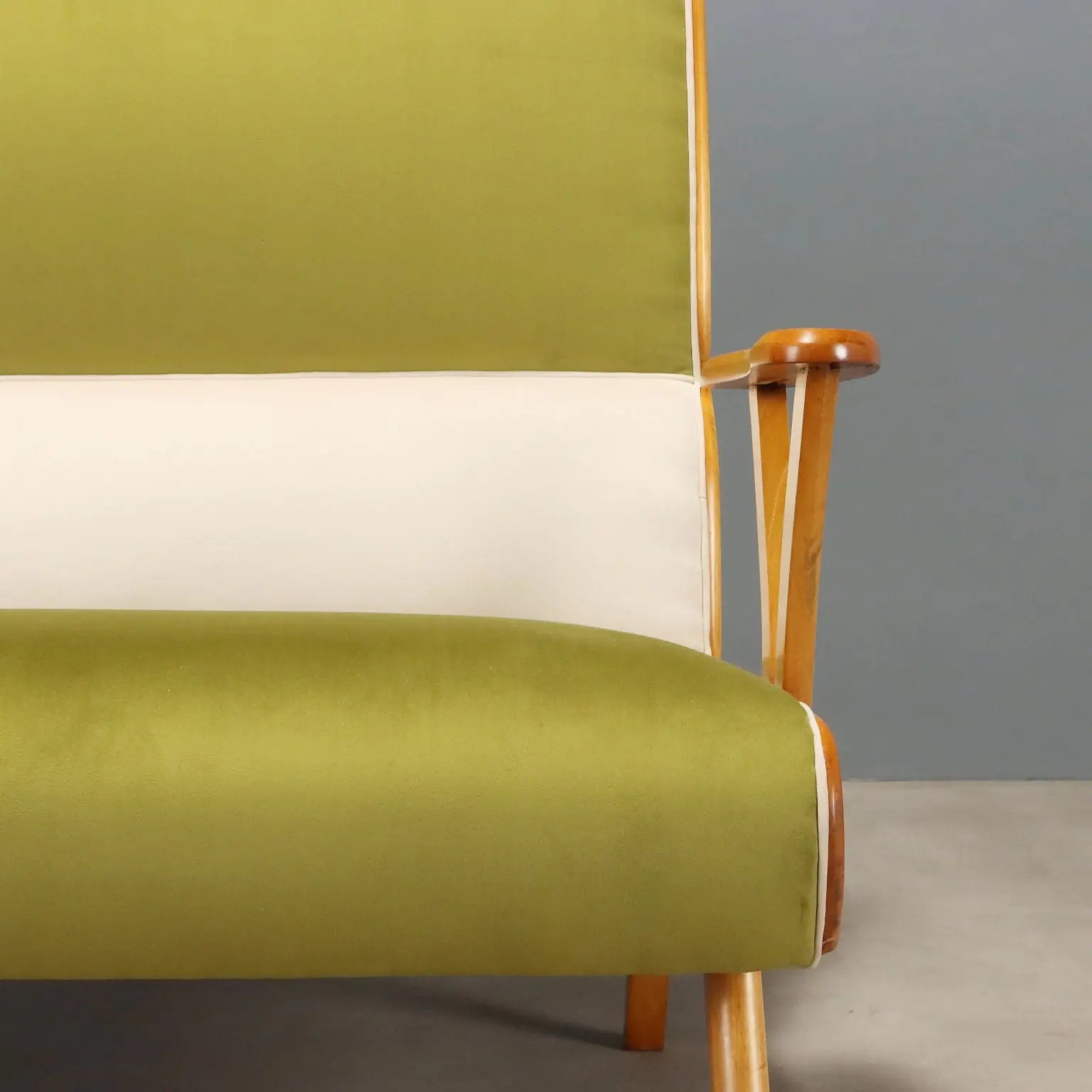 Vintage Sofa Two-Tone Velvet Beech Wood Design Italy 1950s