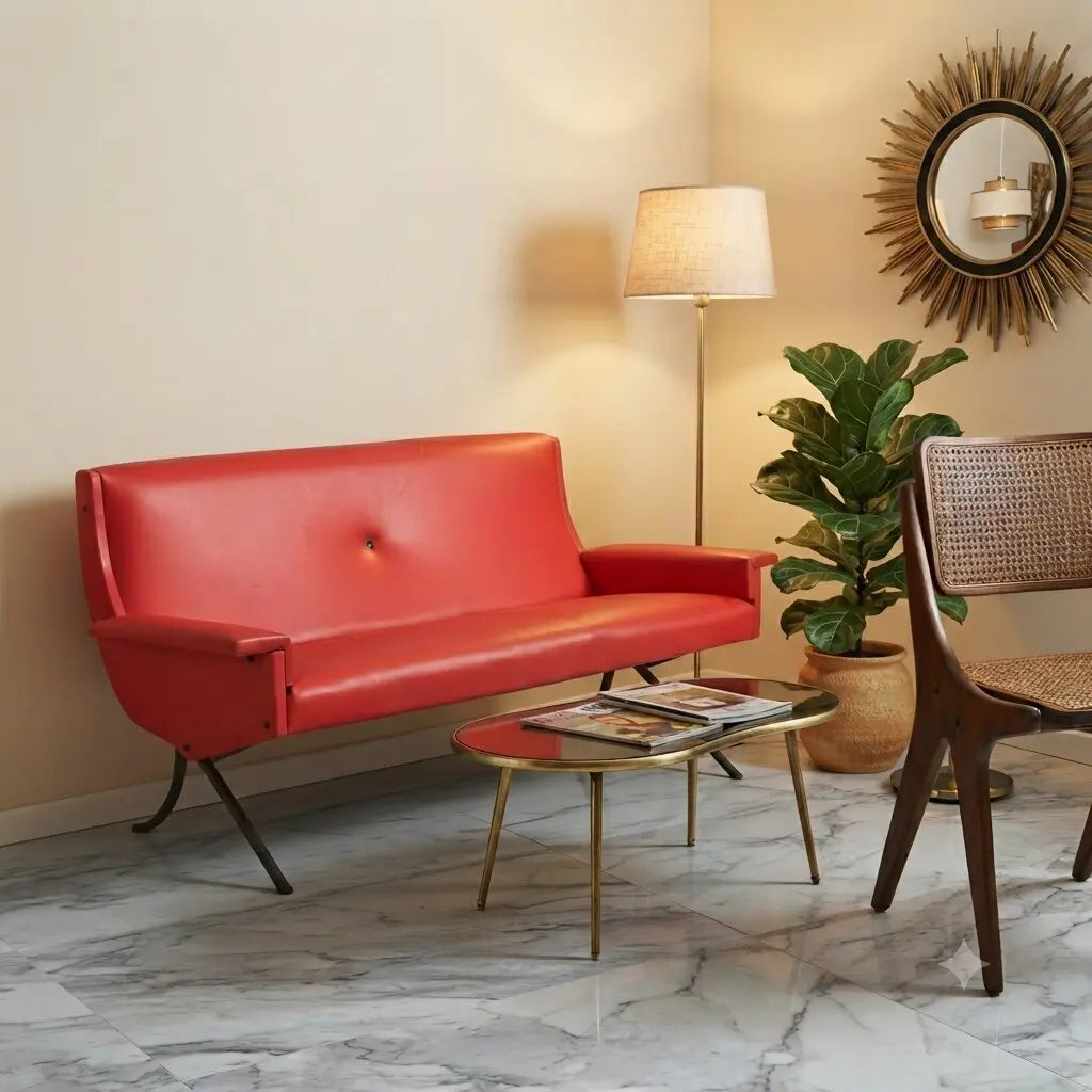 Vintage Sofa Red Leatherette Metal Design Italy 1960s