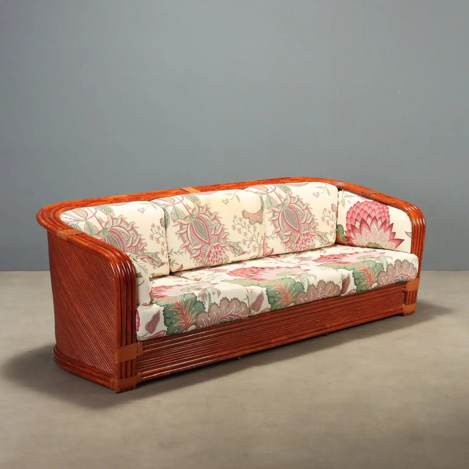 1980s Rattan and Red Lacquered Bamboo Sofa