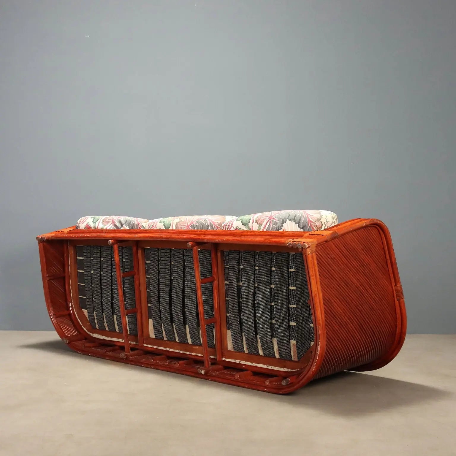 1980s Rattan and Red Lacquered Bamboo Sofa