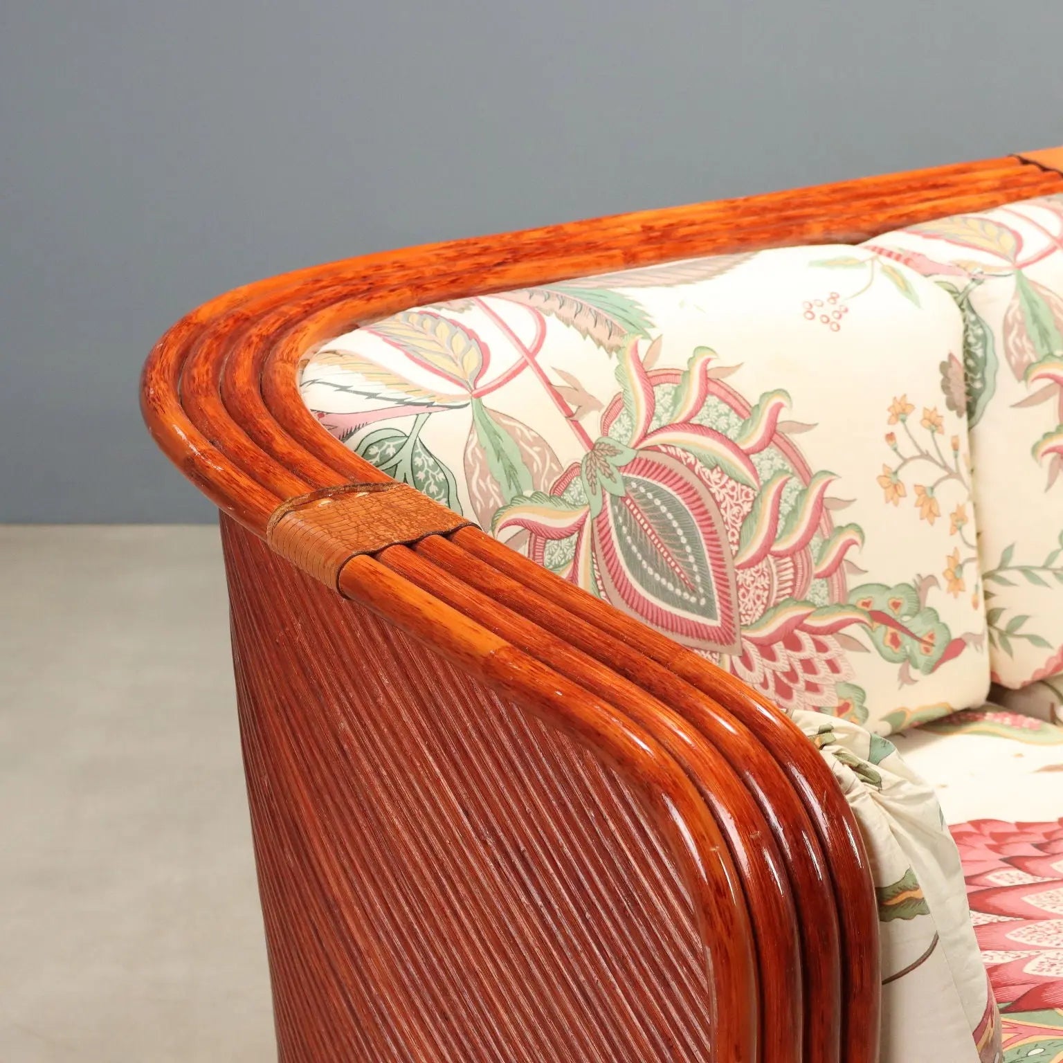 1980s Rattan and Red Lacquered Bamboo Sofa