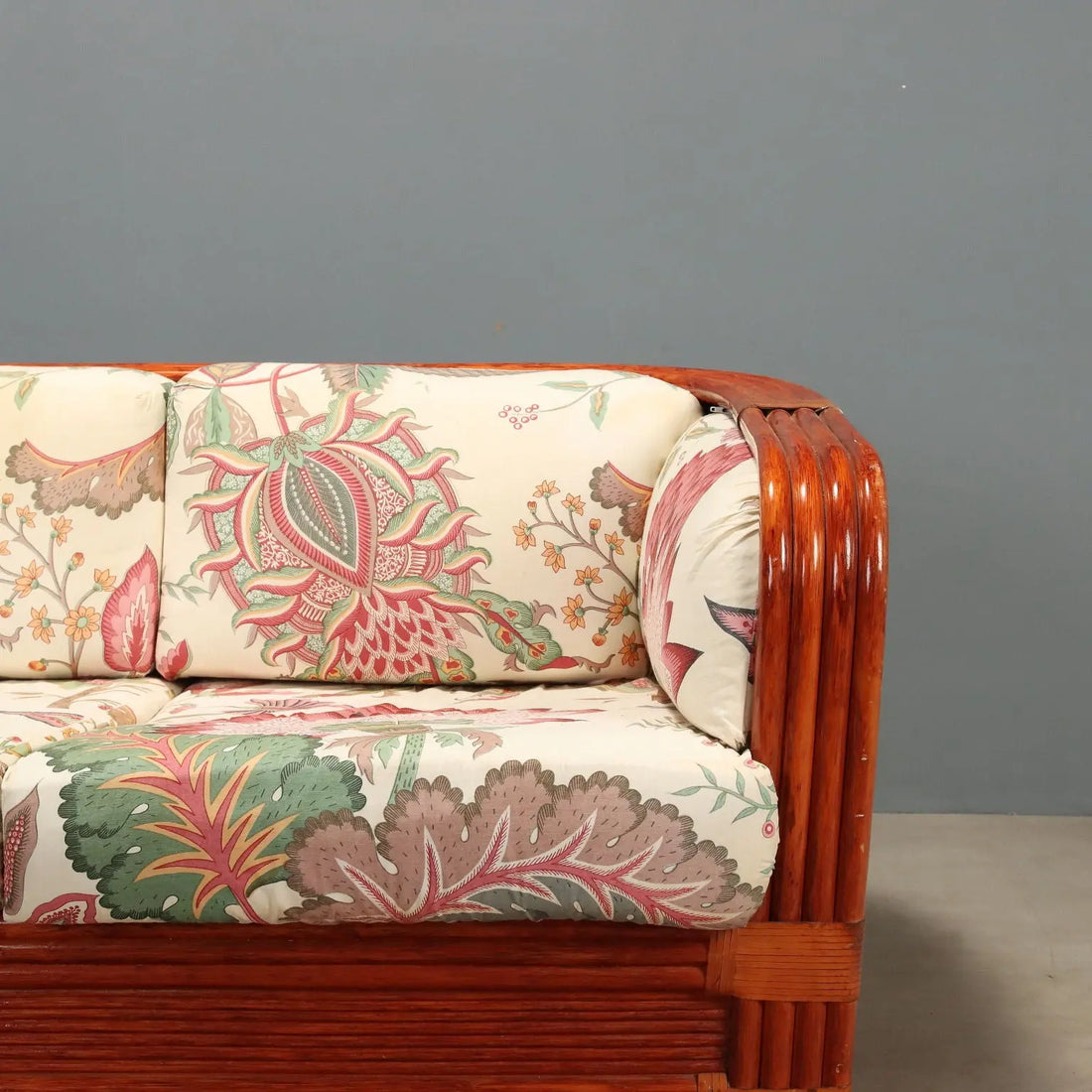 1980s Rattan and Red Lacquered Bamboo Sofa