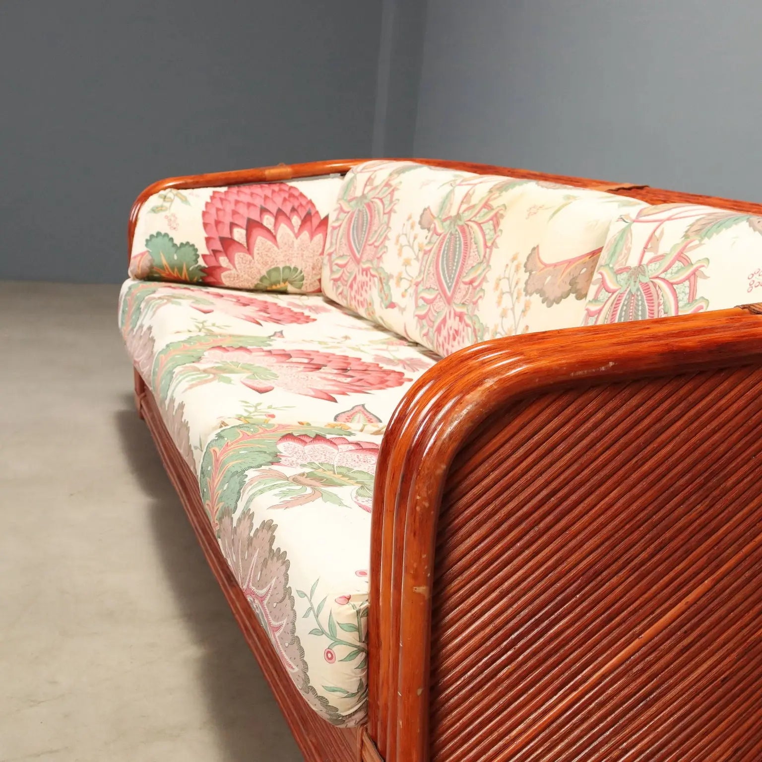 1980s Rattan and Red Lacquered Bamboo Sofa