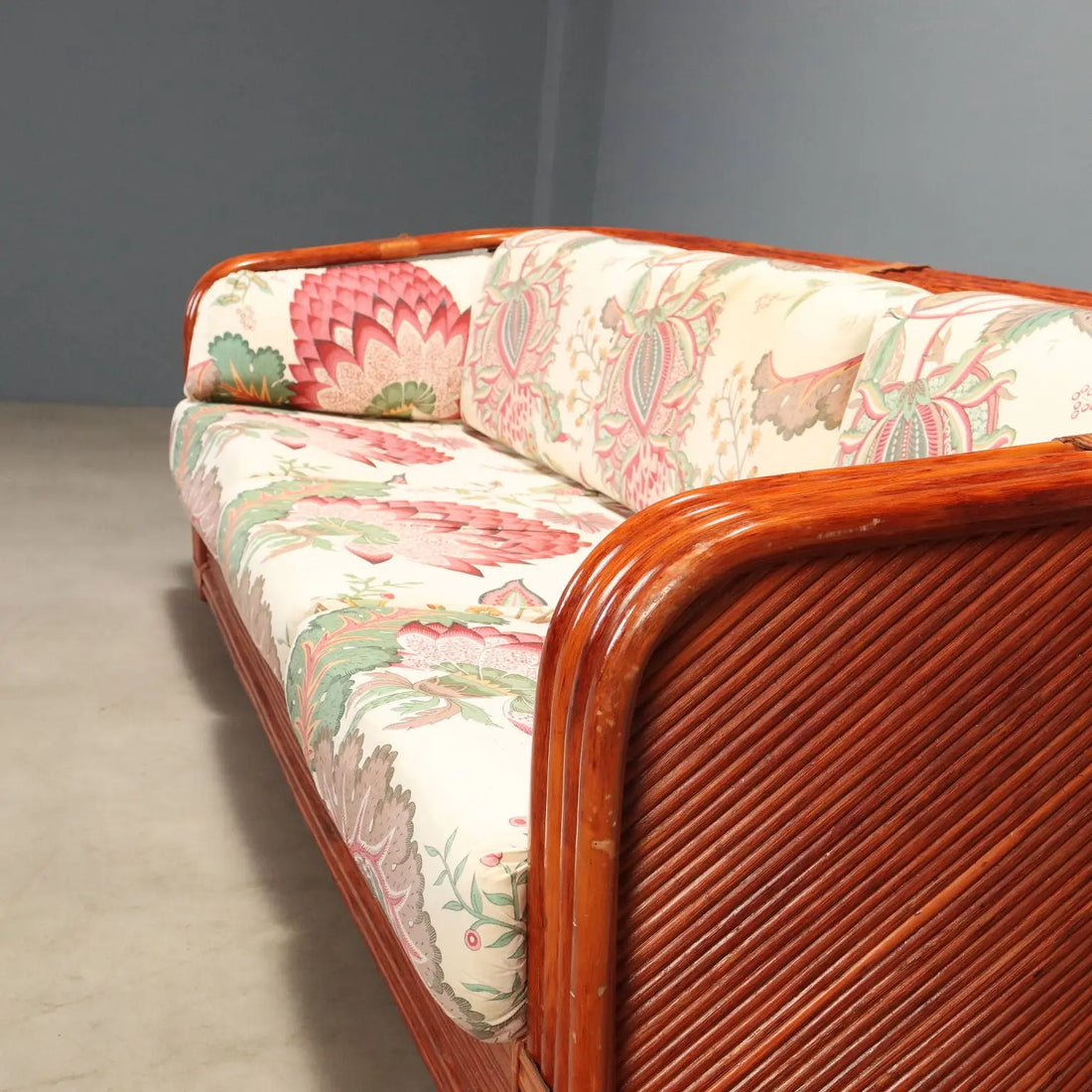 1980s Rattan and Red Lacquered Bamboo Sofa