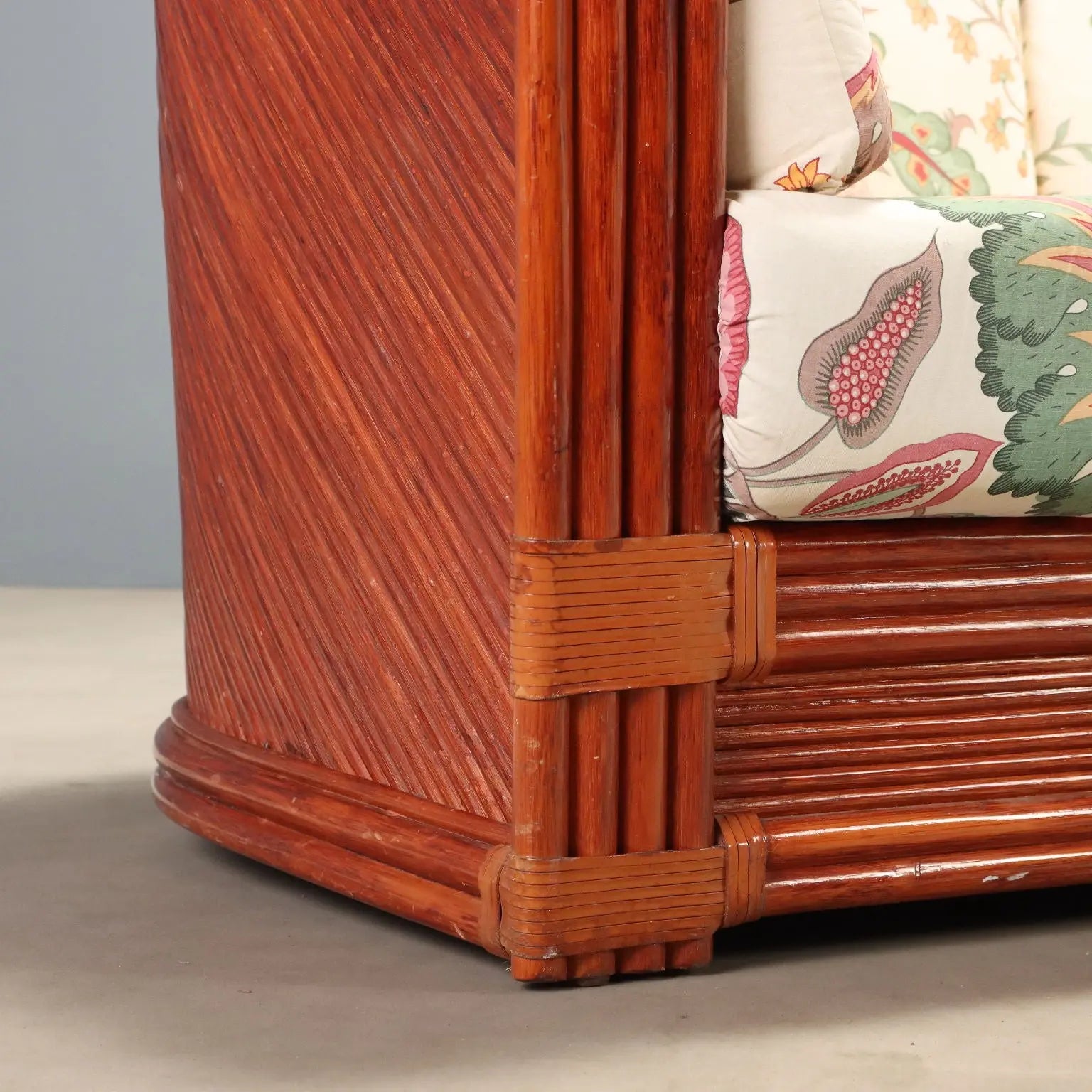 1980s Rattan and Red Lacquered Bamboo Sofa