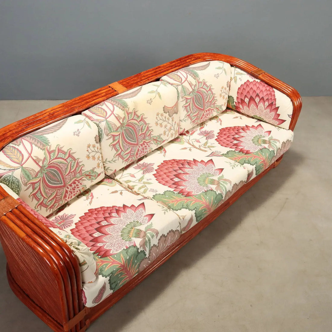 1980s Rattan and Red Lacquered Bamboo Sofa