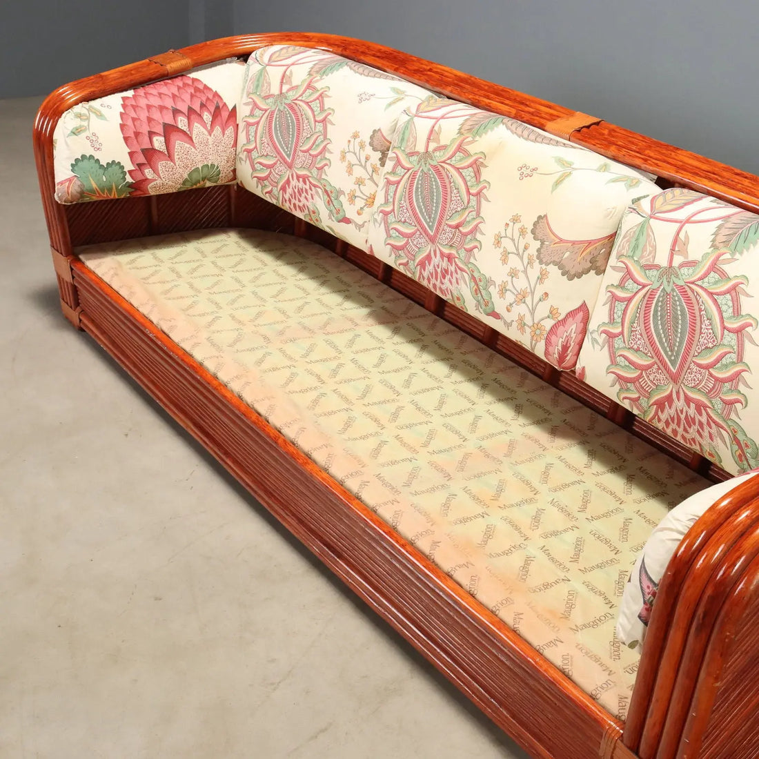 1980s Rattan and Red Lacquered Bamboo Sofa