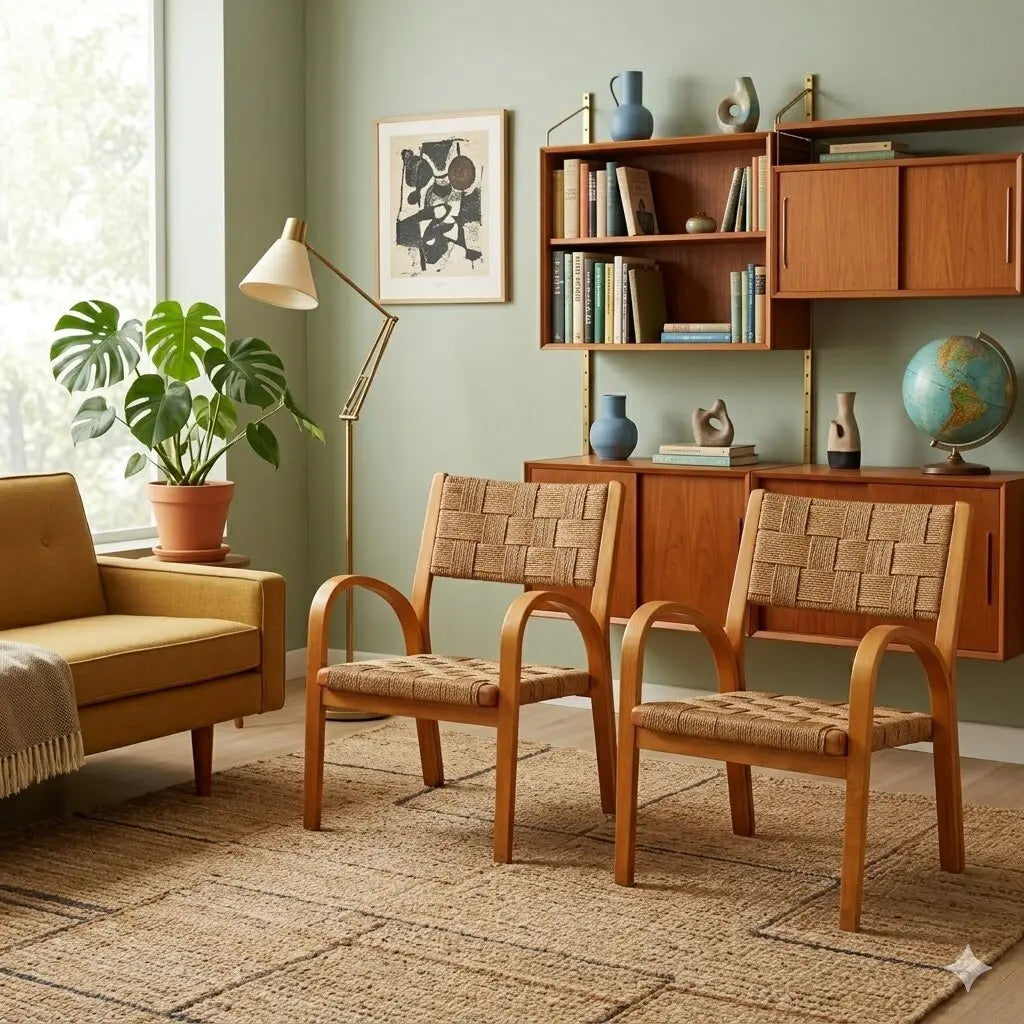 Pair of Vintage 1950s Armchair Beech Woven Rope Italy | Modernism | Armchairs