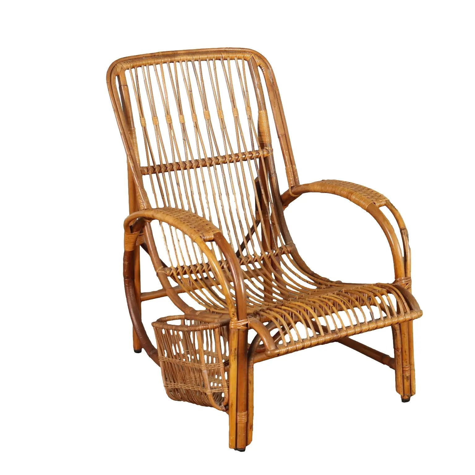 Vintage 1960s Armchair with Magazine Rack Wicker Italy | Modernism | Armchairs