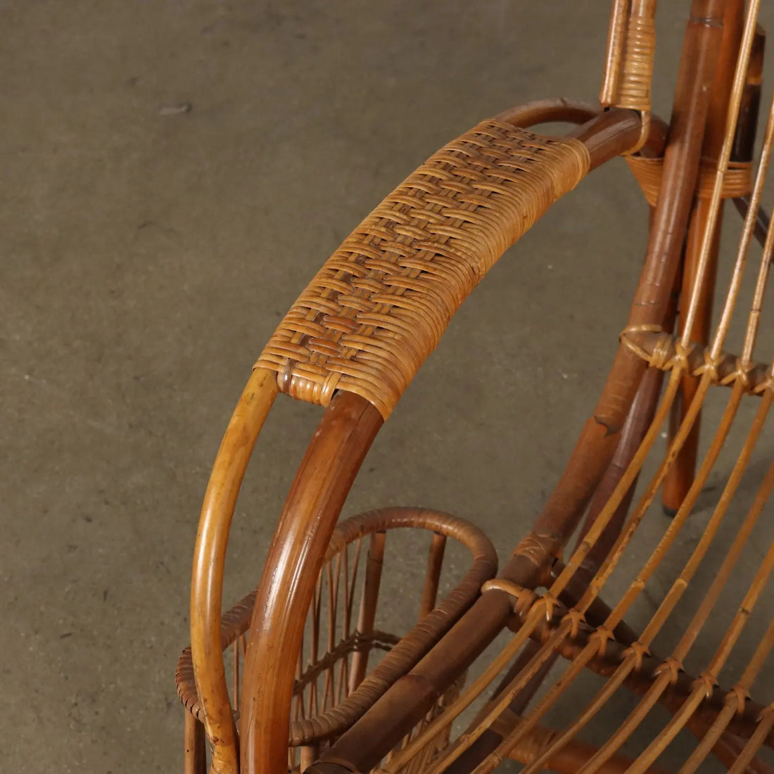 Vintage 1960s Armchair with Magazine Rack Wicker Italy | Modernism | Armchairs