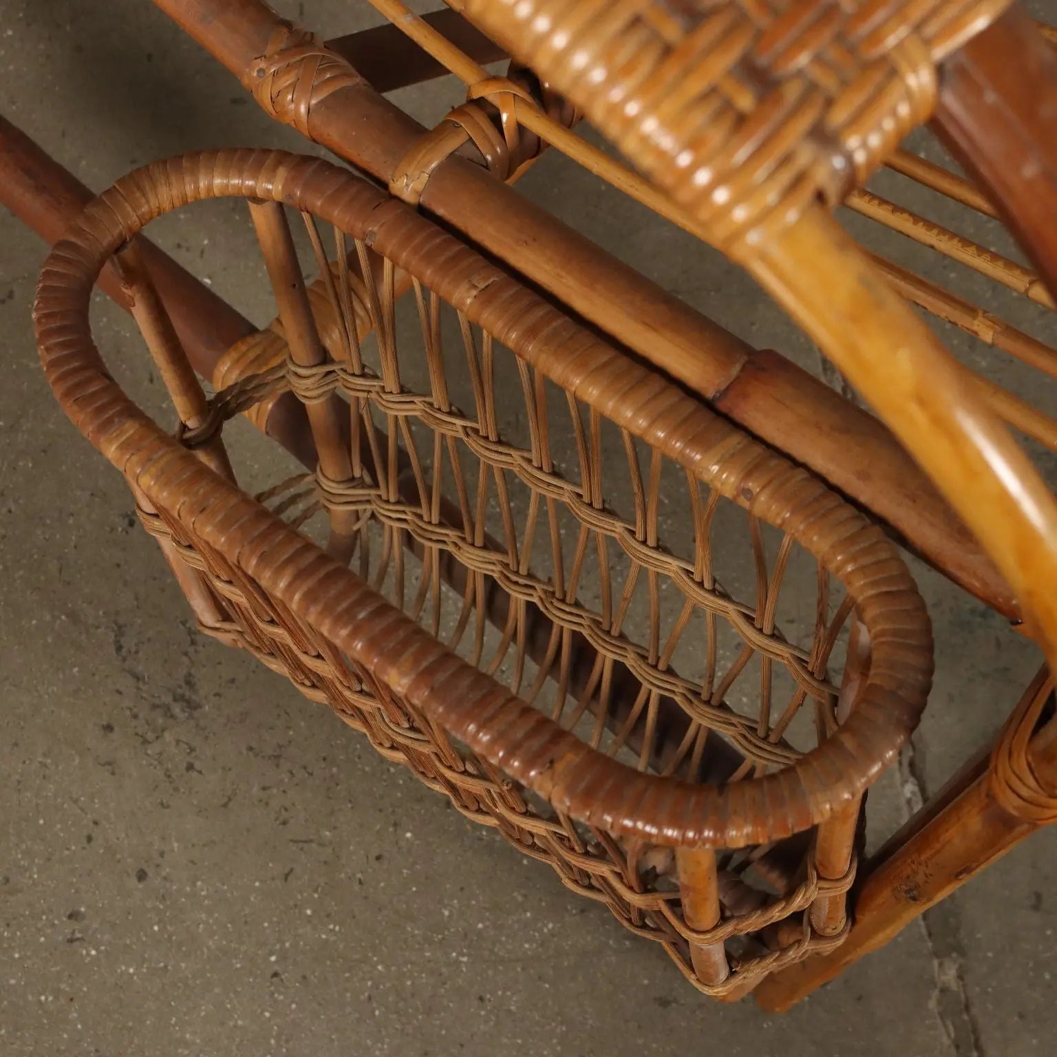Vintage 1960s Armchair with Magazine Rack Wicker Italy | Modernism | Armchairs