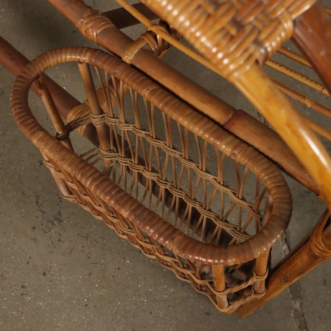 Vintage 1960s Armchair with Magazine Rack Wicker Italy | Modernism | Armchairs