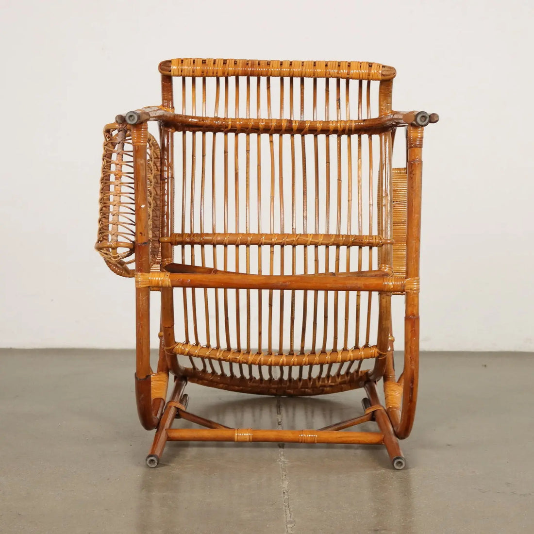 Vintage 1960s Armchair with Magazine Rack Wicker Italy | Modernism | Armchairs