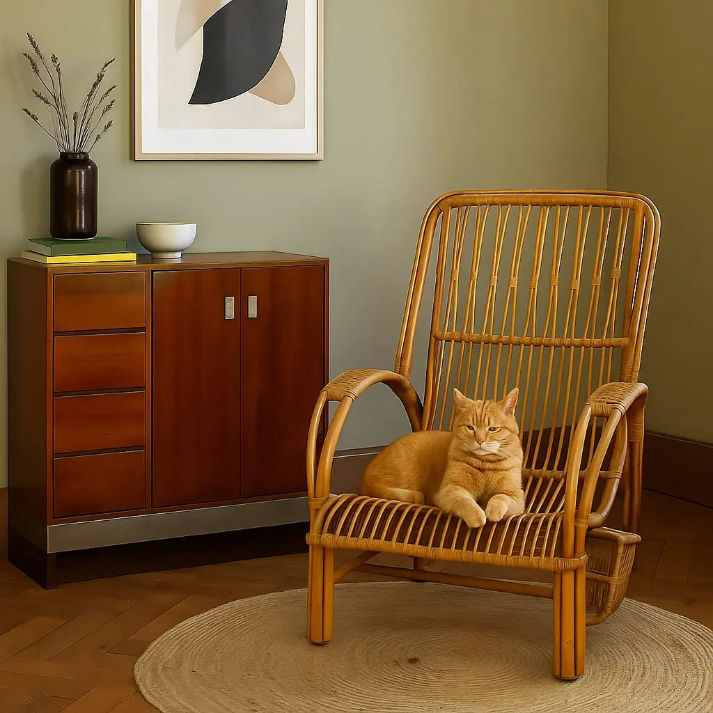 Vintage 1960s Armchair with Magazine Rack Wicker Italy | Modernism | Armchairs