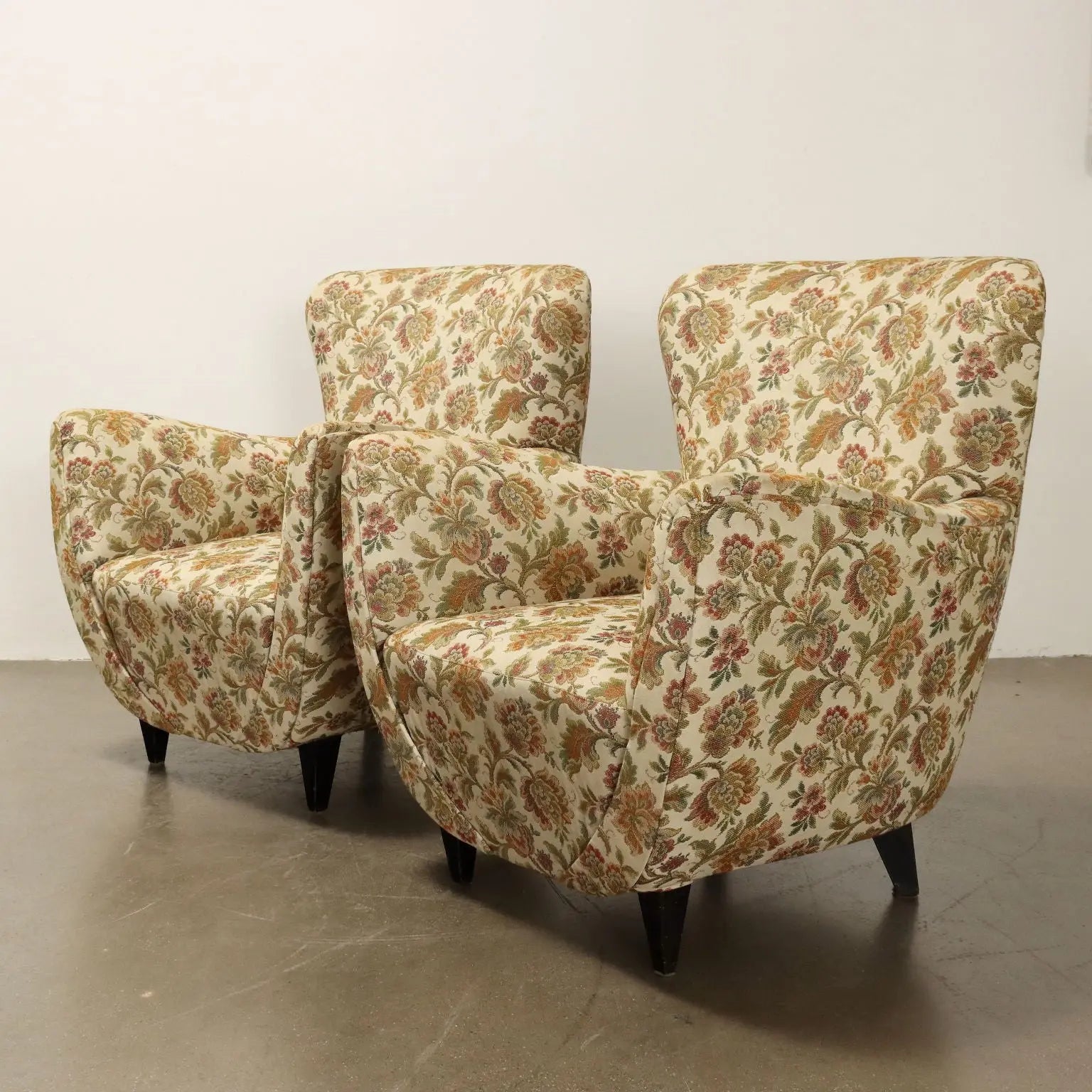 Vintage Armchairs Jacquard Fabric Wood Design Italy 1950s - 1950s | Modernism | Armchairs