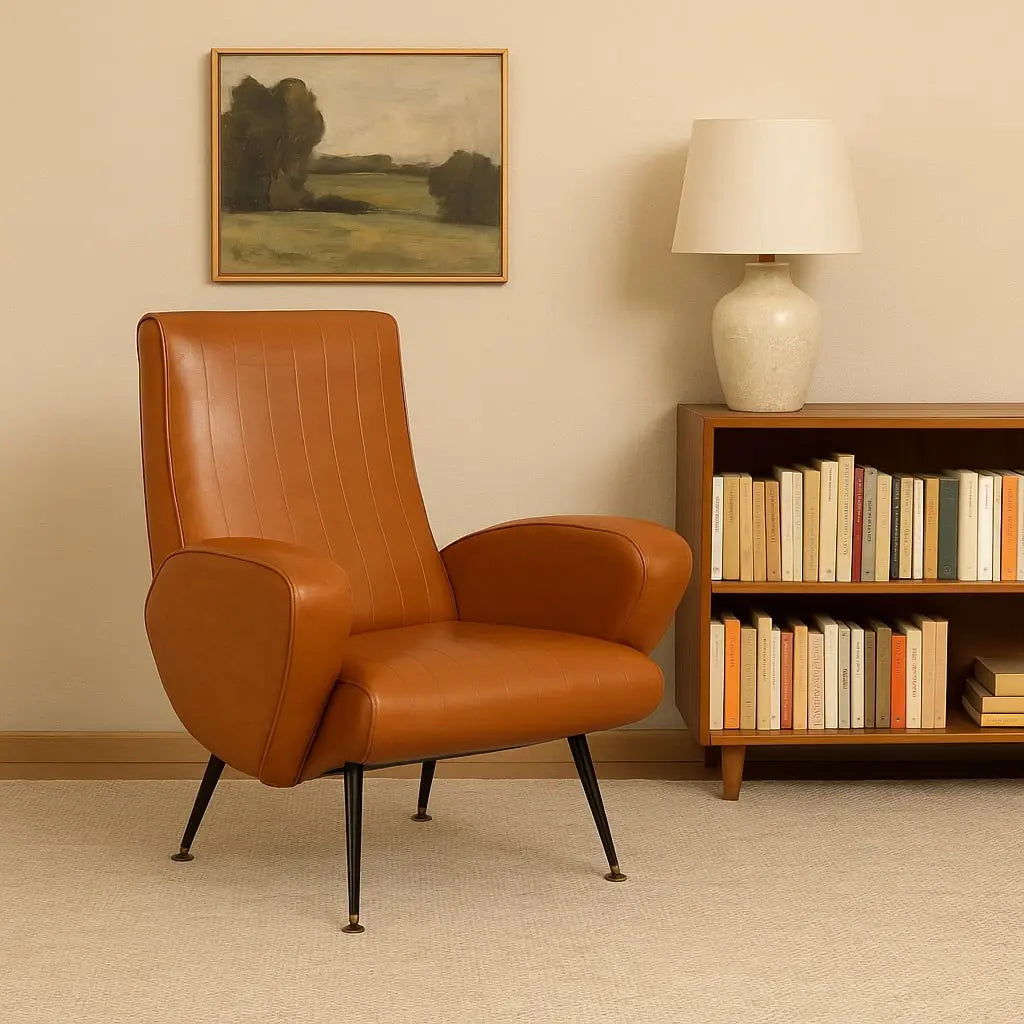 Small Vintage Armchair Leatherette Metal Brass Design 1950s-1960s - 50s-60s | Modernism | Armchairs