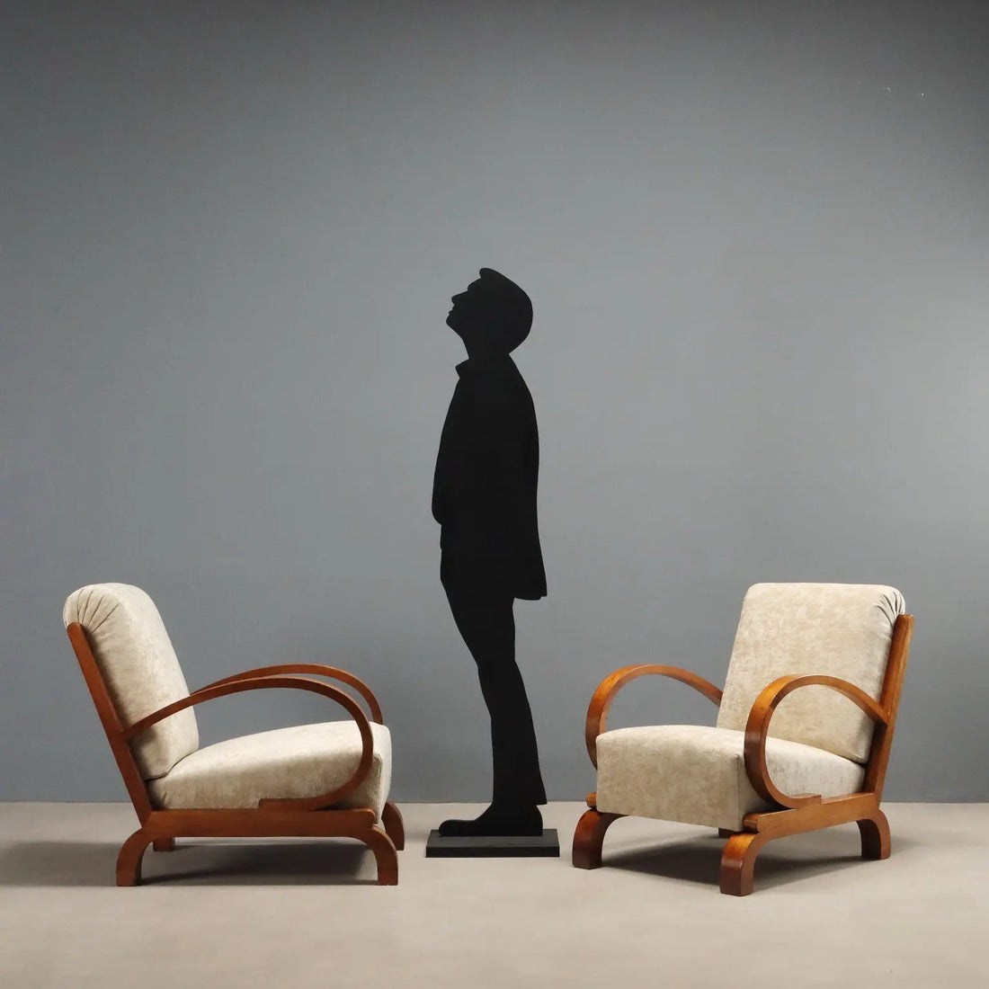 Vintage Déco Armchairs Curved Wood Velvet Design 1920s-1930