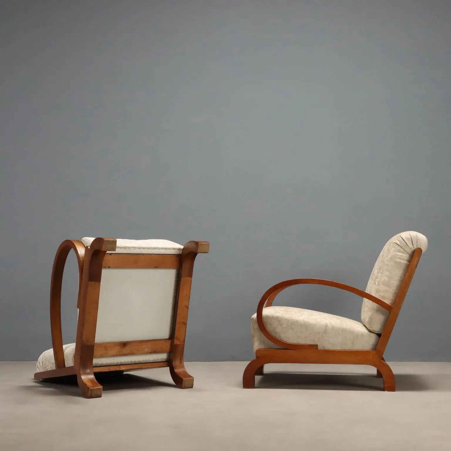 Vintage Déco Armchairs Curved Wood Velvet Design 1920s-1930