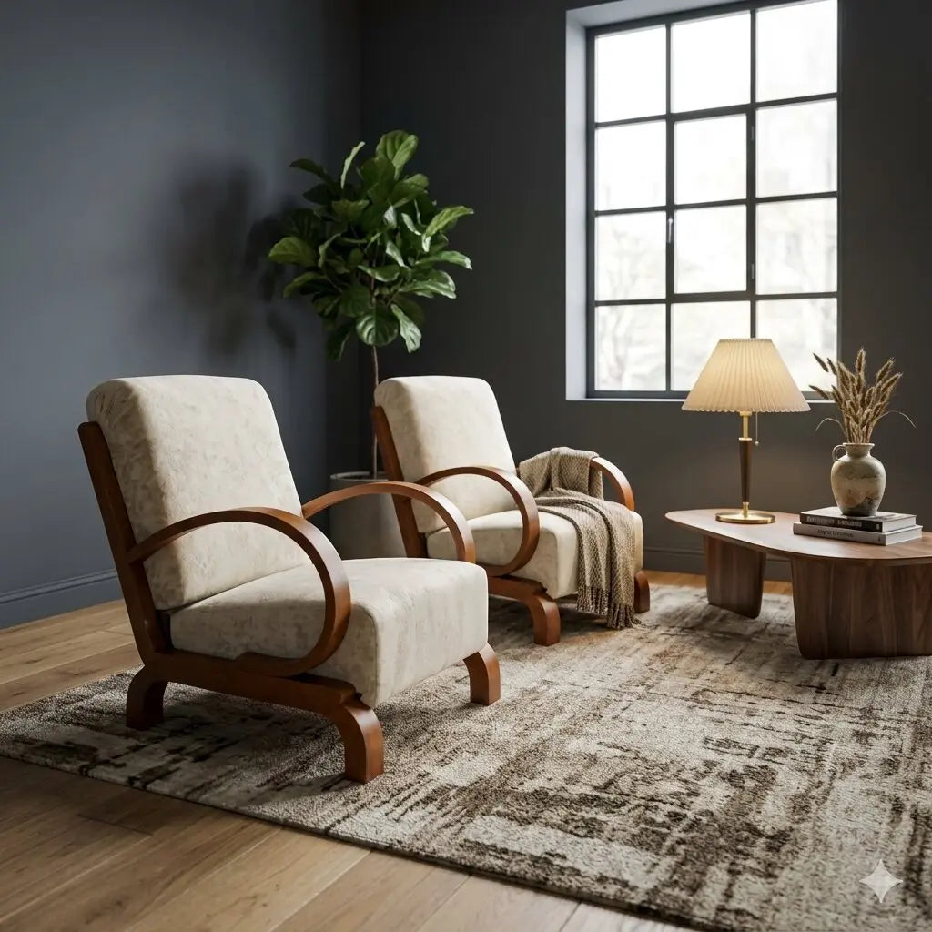 Vintage Déco Armchairs Curved Wood Velvet Design 1920s-1930