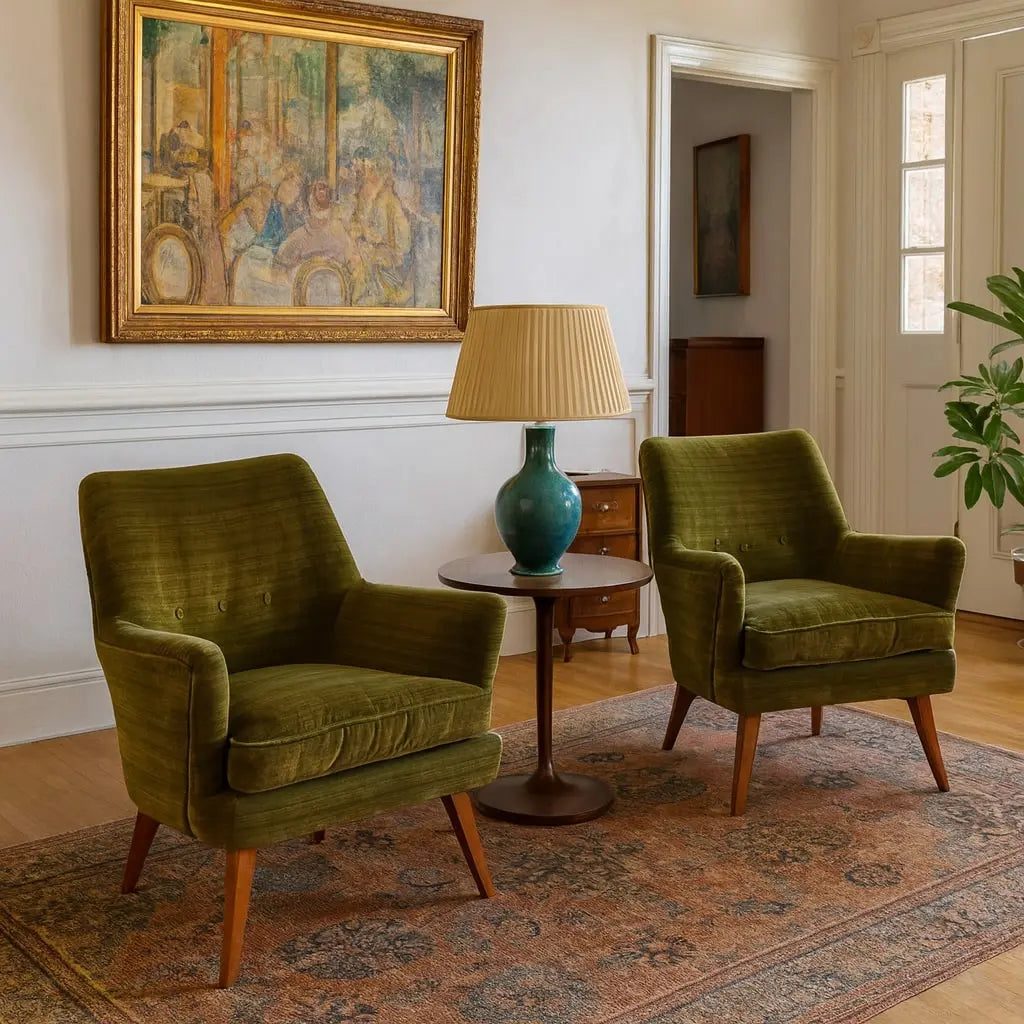 Vintage Armchairs Green Velvet Wood Design Italy 1950s | Modernism | Armchairs