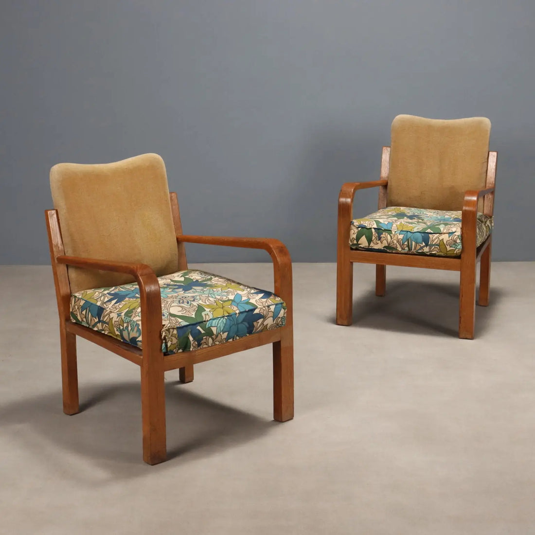 Vintage Armchairs Oak Cloth Fabric Foam Design Italy 1940s | Modernism | Armchairs