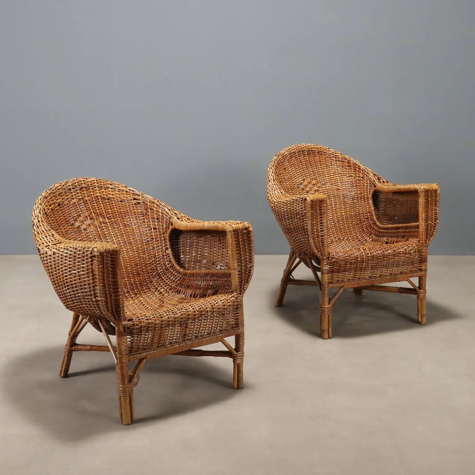 Vintage Armchairs Bamboo Wicker Design Italy 1950s-1960s