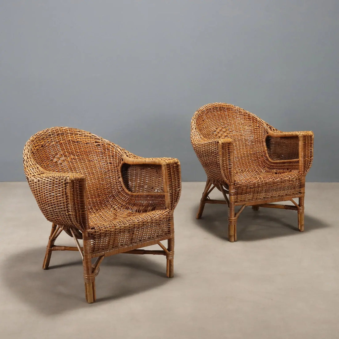 Vintage Armchairs Bamboo Wicker Design Italy 1950s-1960s