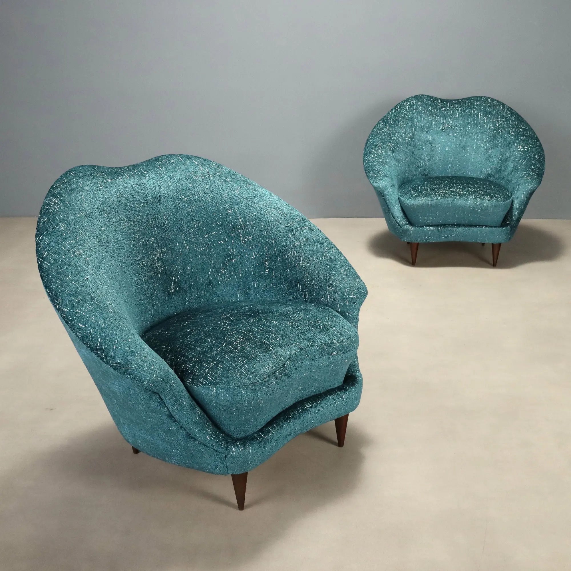 Vintage Armchairs Blue Fabric Beech Design Italy 1950s