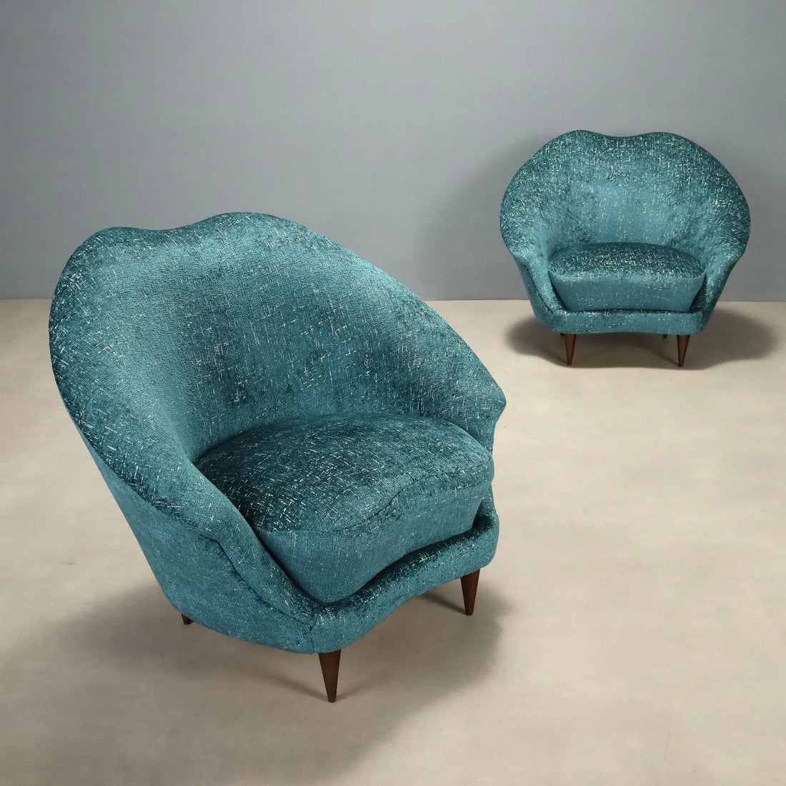 Vintage Armchairs Blue Fabric Beech Design Italy 1950s