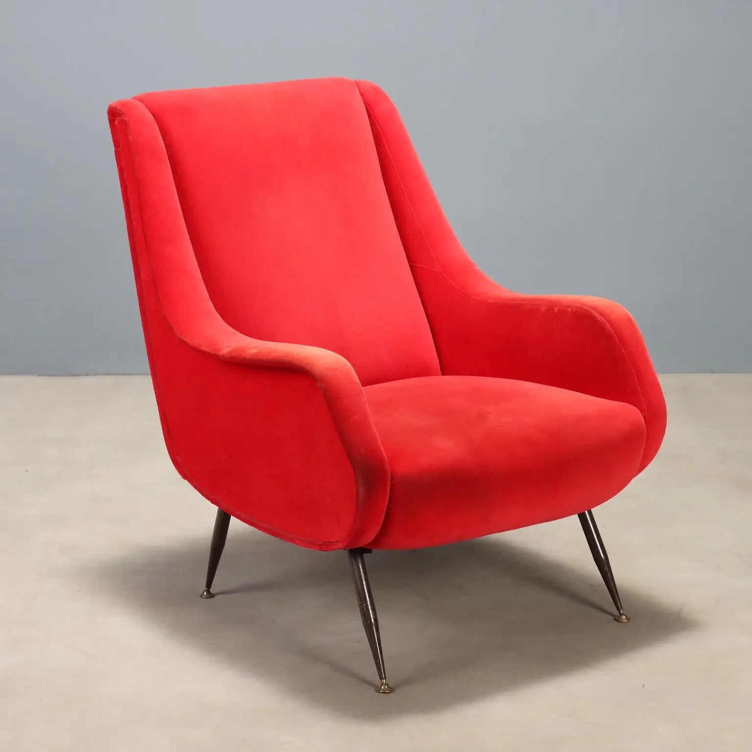 Vintage Armchair Red Velvet Enamelled Metal Design Italy 1960s