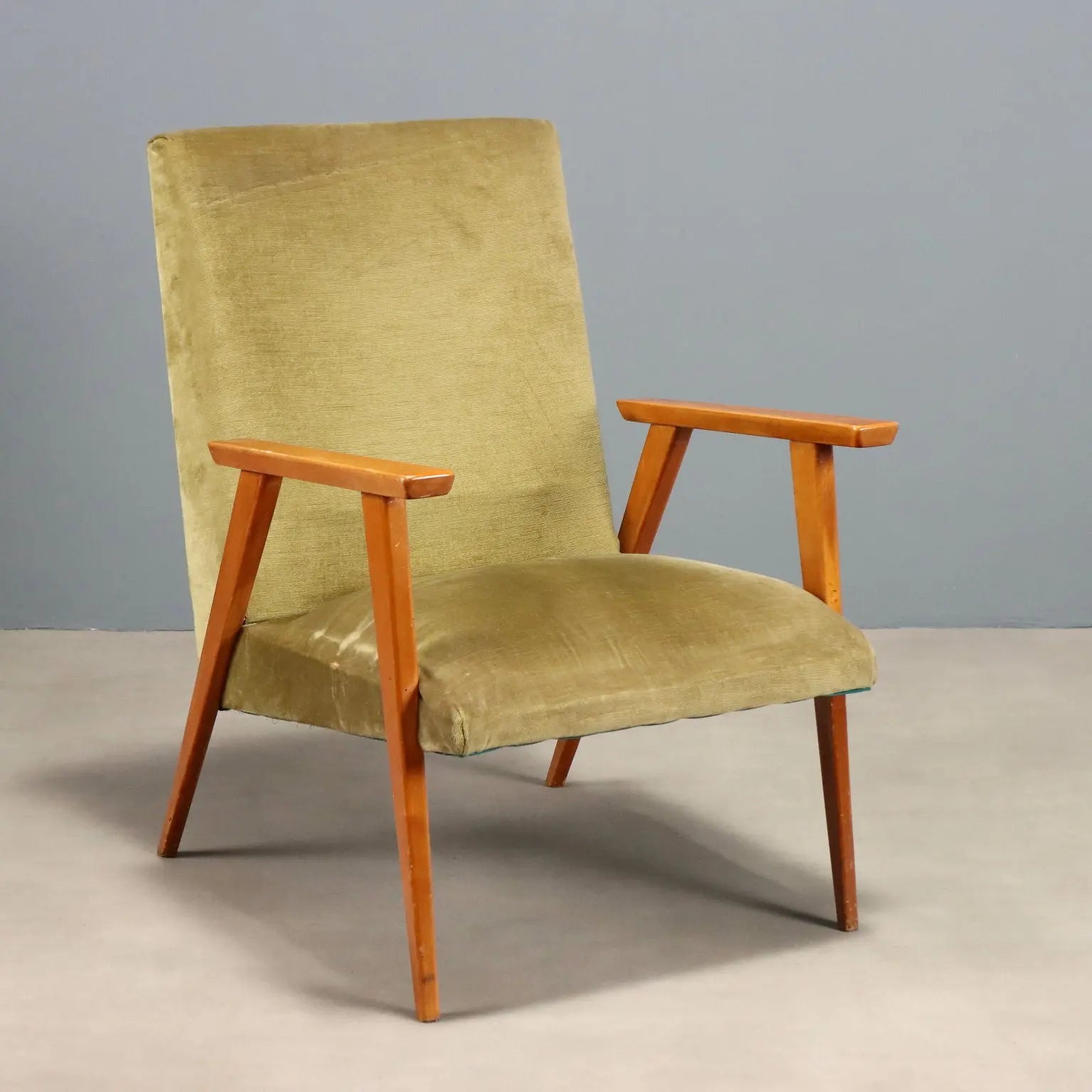 Vintage Armchair Beech Velvet Design Italy 1960s To be Restored