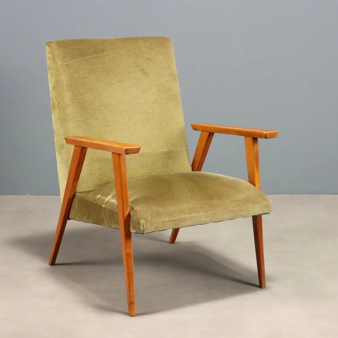 Vintage Armchair Beech Velvet Design Italy 1960s To be Restored