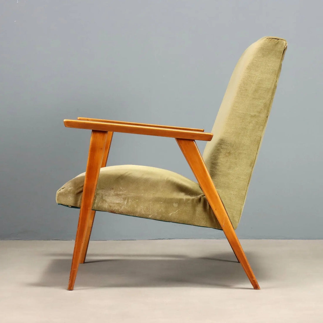 Vintage Armchair Beech Velvet Design Italy 1960s To be Restored
