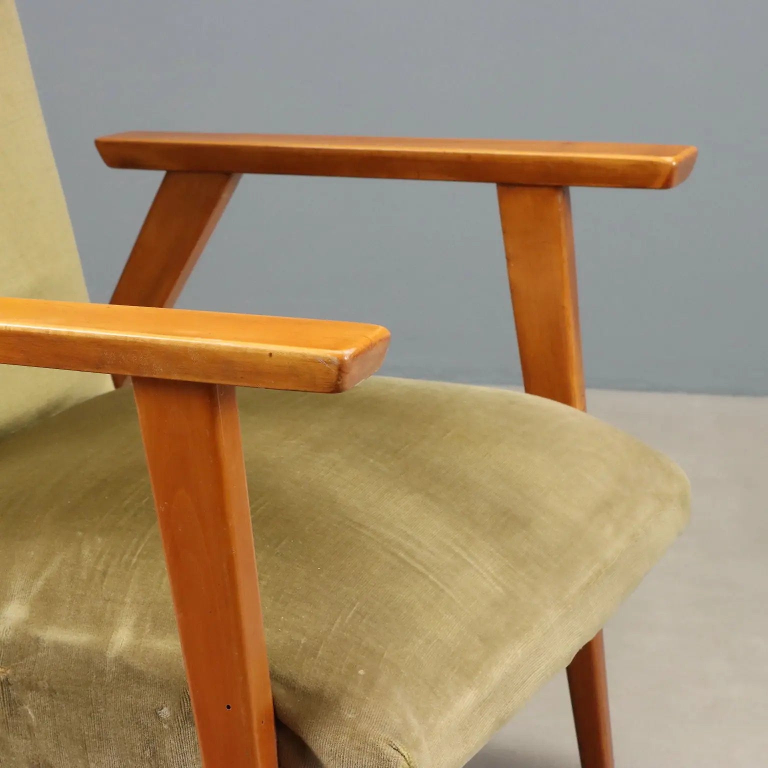 Vintage Armchair Beech Velvet Design Italy 1960s To be Restored