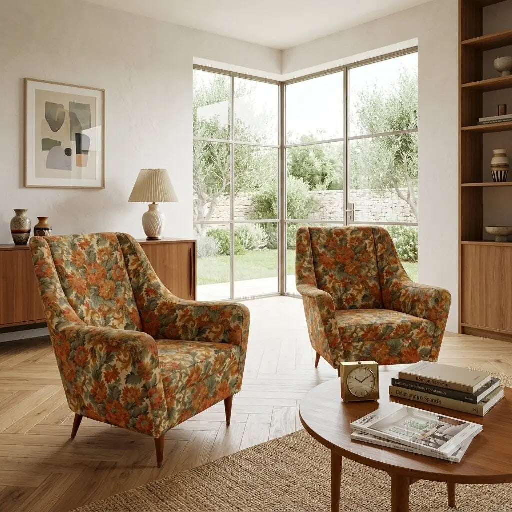 Vintage Armchairs Fabric Wood Design Italy 1950s