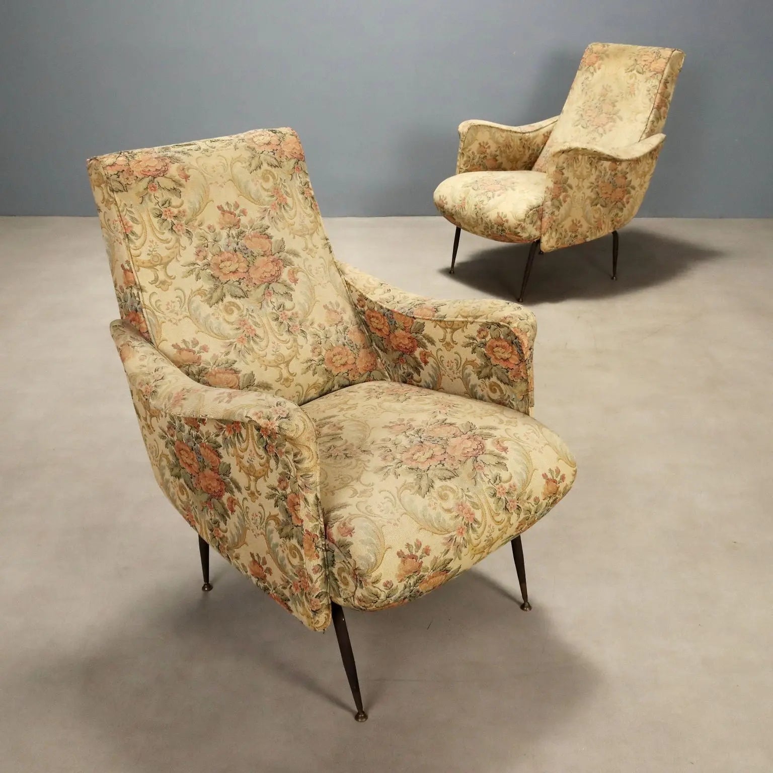 Vintage Armchairs Fabric Metal Brass Design Italy 1950s-1960s