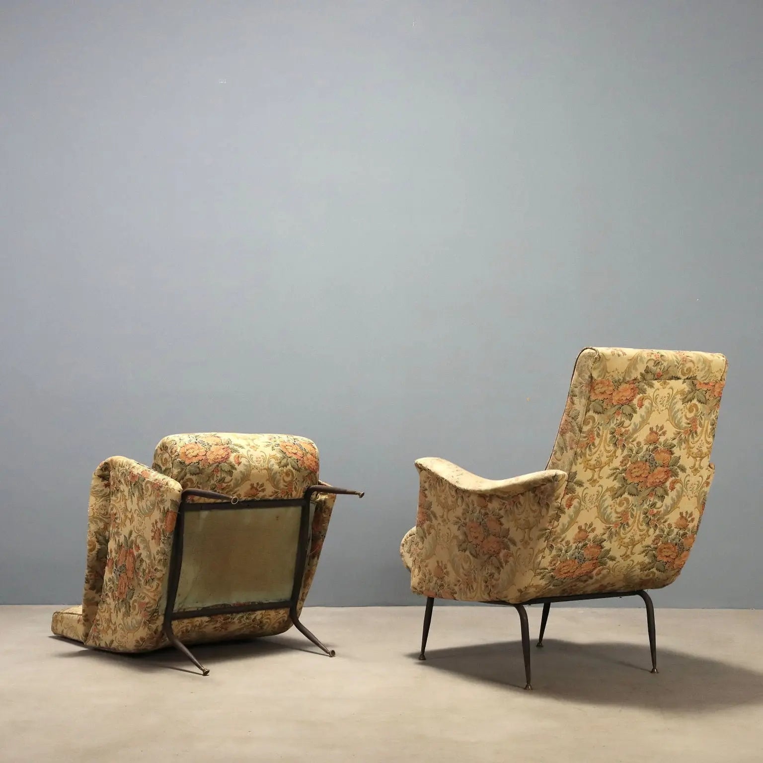 Vintage Armchairs Fabric Metal Brass Design Italy 1950s-1960s