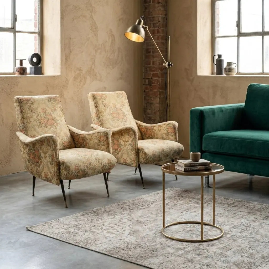 Vintage Armchairs Fabric Metal Brass Design Italy 1950s-1960s