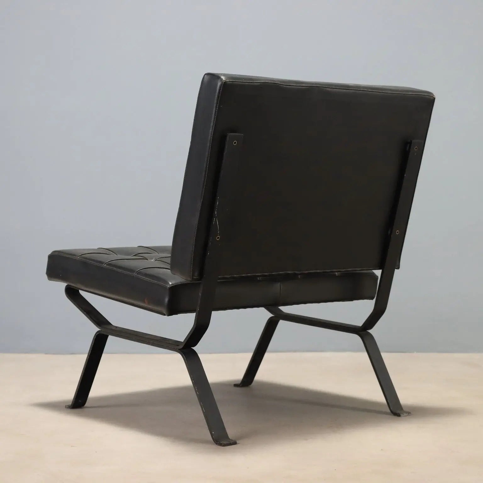 Vintage Armchair Metal Black Leatherette Design Italy 1970s