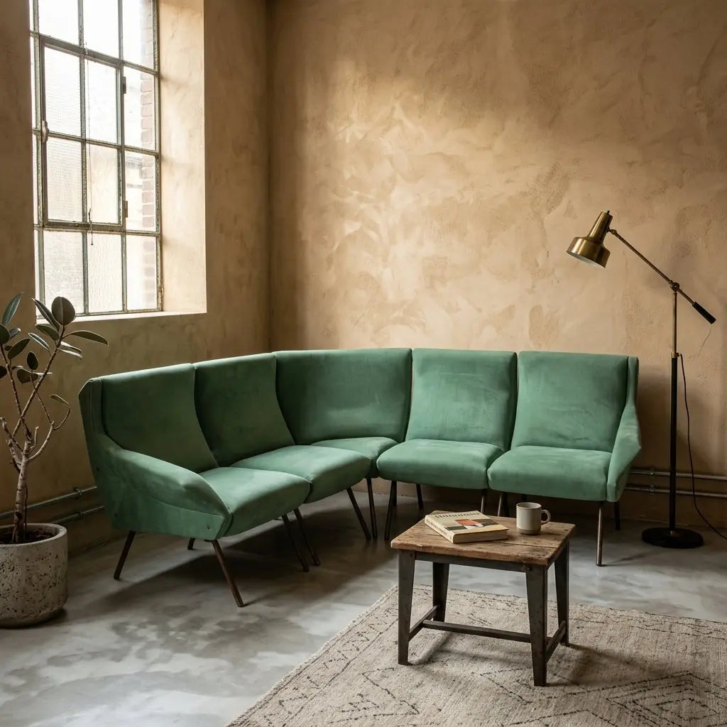 Vintage Corner Sofa Green Fabric Design Italy 1960s