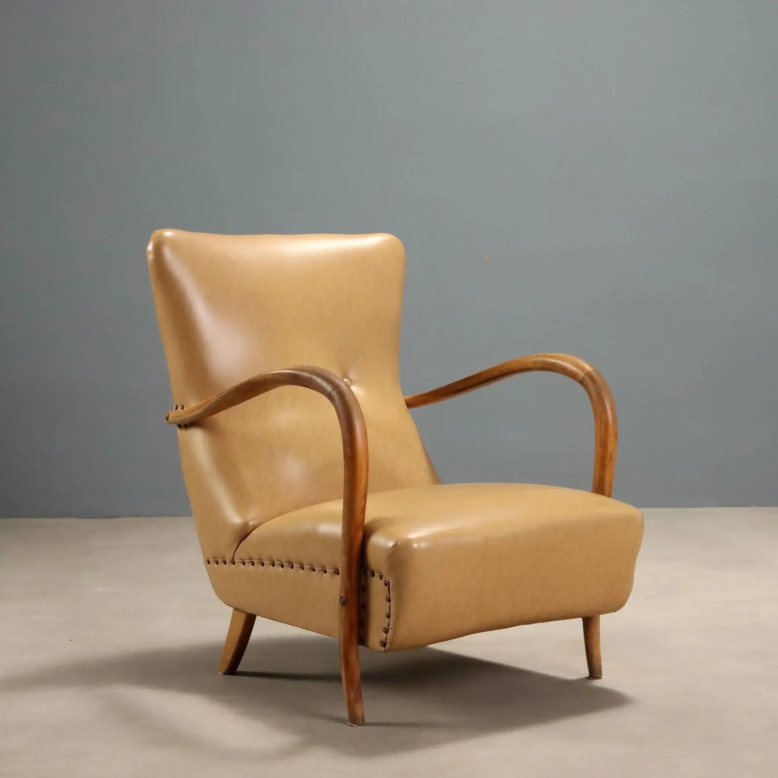 Vintage Armchair Beech Leatherette Foam Design Italy 1950s