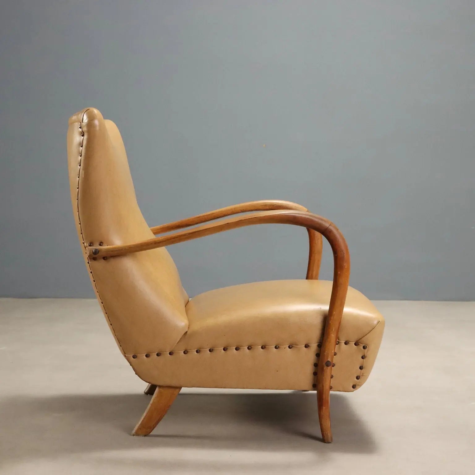 Vintage Armchair Beech Leatherette Foam Design Italy 1950s