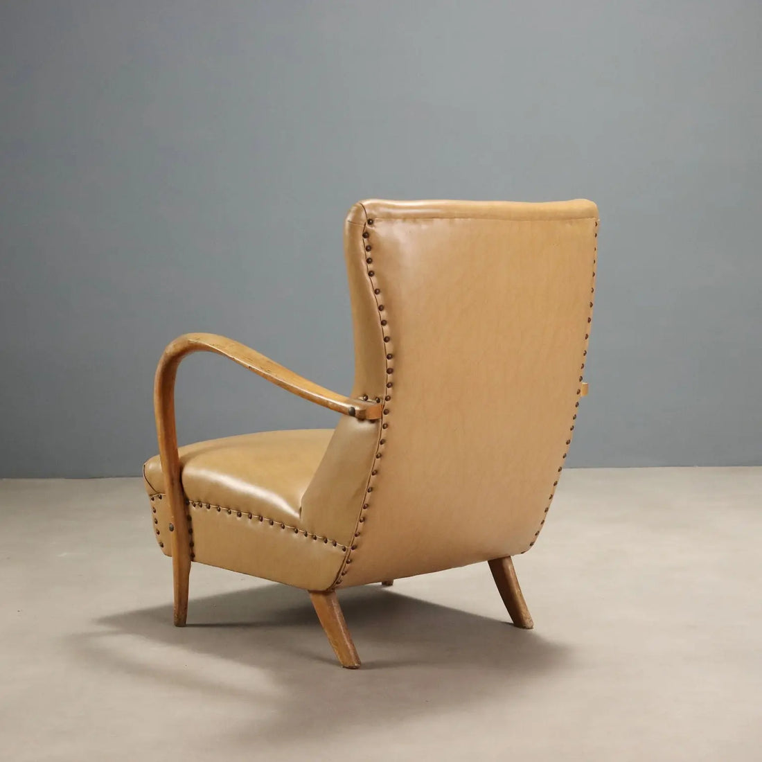 Vintage Armchair Beech Leatherette Foam Design Italy 1950s