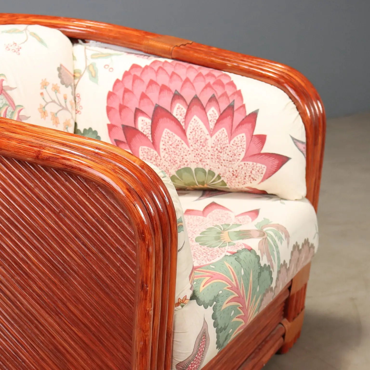 1980s Rattan and Red Lacquered Bamboo Sofa