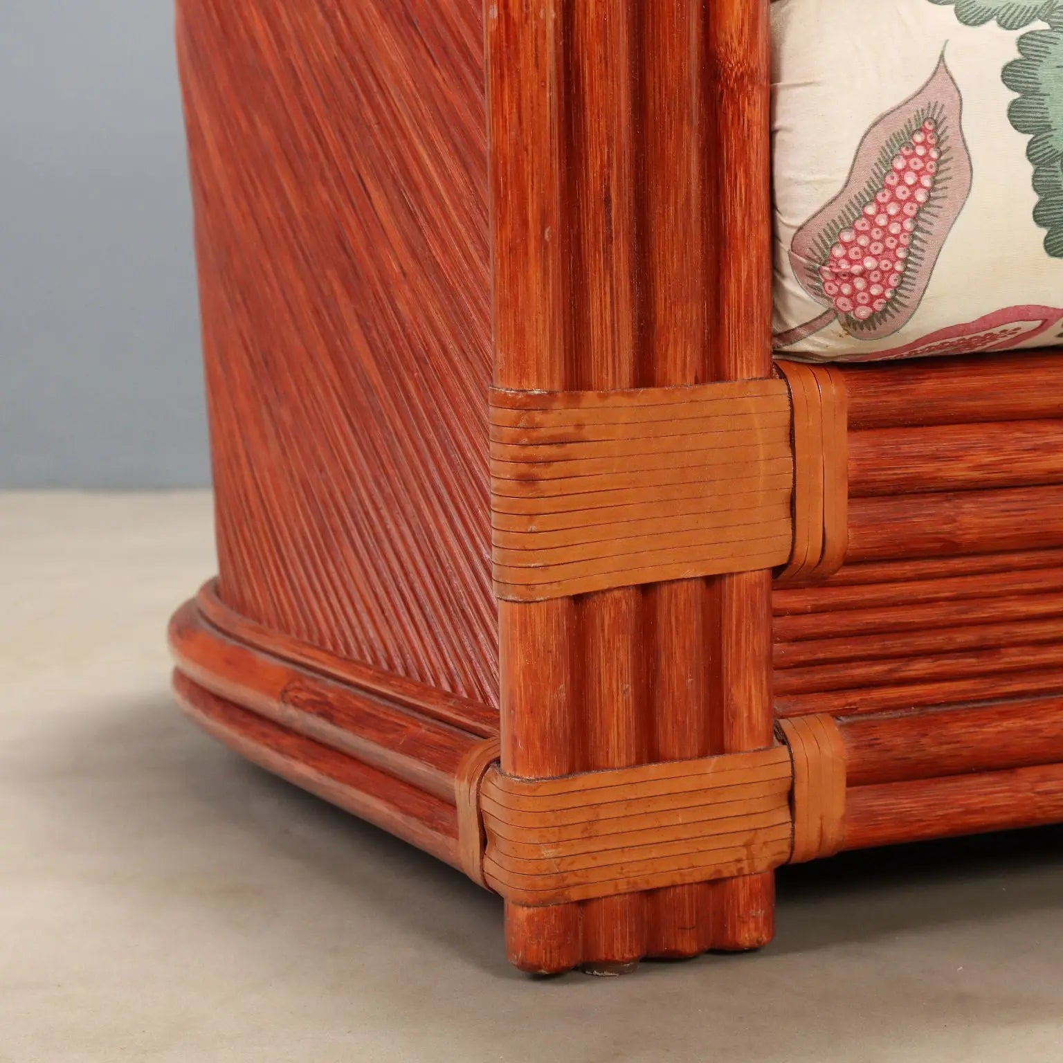 1980s Rattan and Red Lacquered Bamboo Sofa